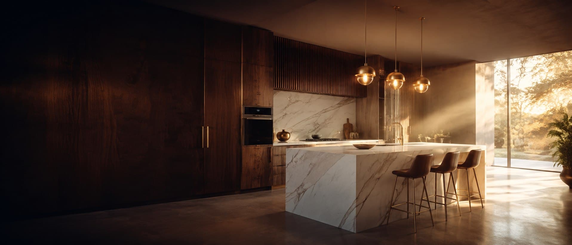 Bespoke modern kitchen at golden hour, crafted by Home of Carpentry